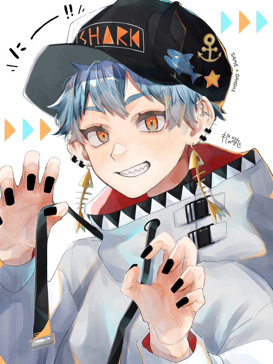 male focus 1boy blue hair hat earrings solo jewelry  illustration images