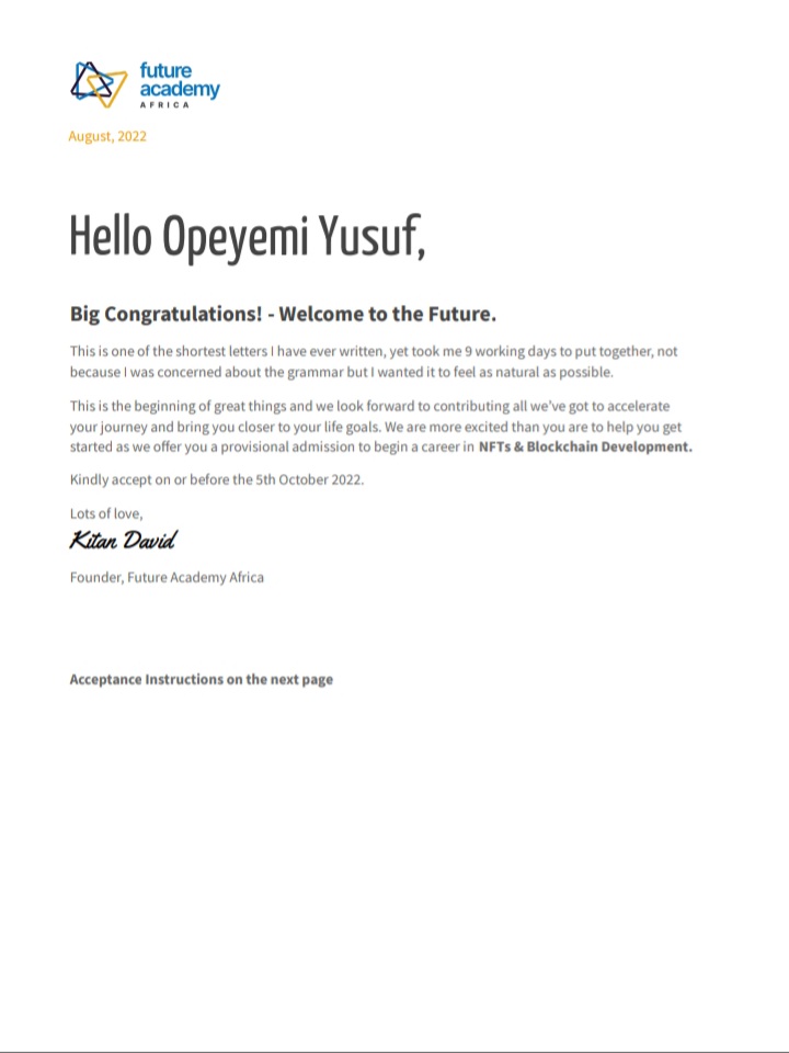 Opedigitals's tweet photo. I amone of the students who have been offered a Gold Scholarshipย to start a career in NFTs and Blockchain Development @futureacademyaf #faascholar #faascholar22 #faa #futureofworkafrica #futureacademyafrica #arisetv #CKay #emilokan #Davido #EFCC #UCL #UCLTonight #InterBarca https://t.co/EvljPXxsXw