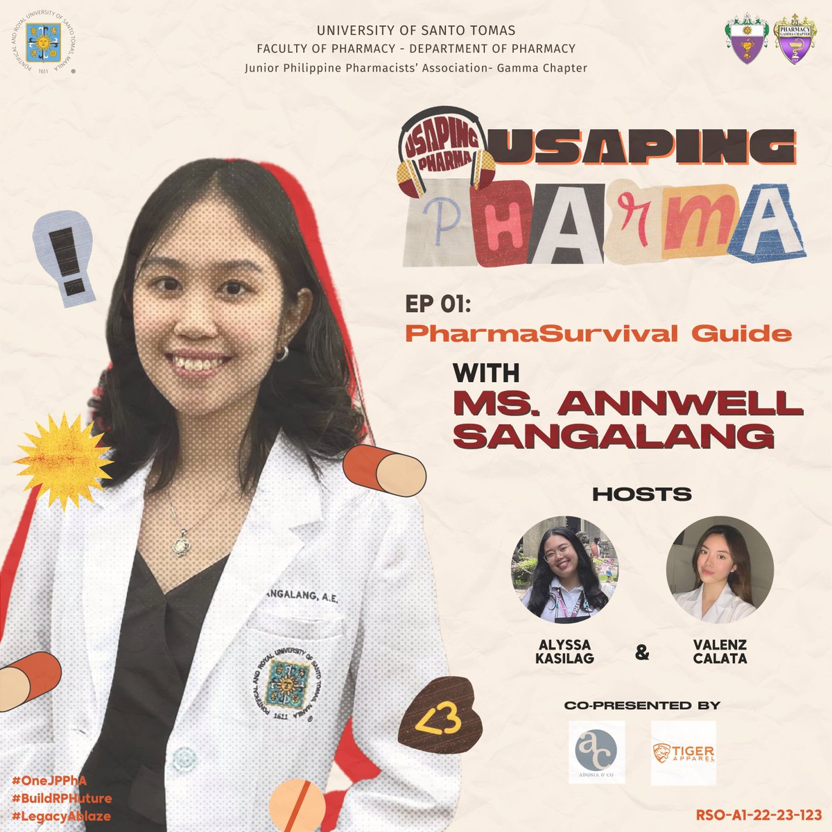 USTJPPhA's tweet photo. Are you ready?

The Junior Philippine Pharmacists’ Association - Gamma Chapter, co-presented by Tiger Apparel and Adonia &amp; Co., will be releasing the first-ever podcast episode entitled “Usaping PHARMA: PharmaSurvival Guide,” tomorrow at 5:00 PM via our official Facebook page. https://t.co/LUUaW7y6bj