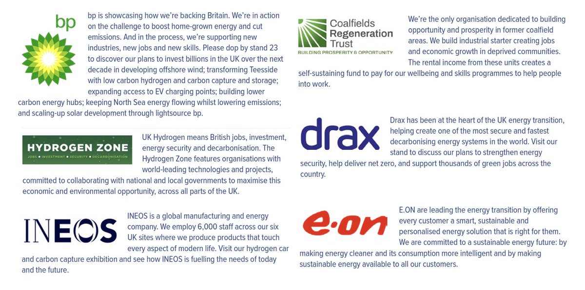 StopBSCampaign's tweet image. Should Political Party Conferences have exhibitions attached to them? Isn&apos;t that just buying influence? The Hydrogen Lobby spent serious money on the Labour Party Conference, and these are the organisations at the Conservative Party Conference...