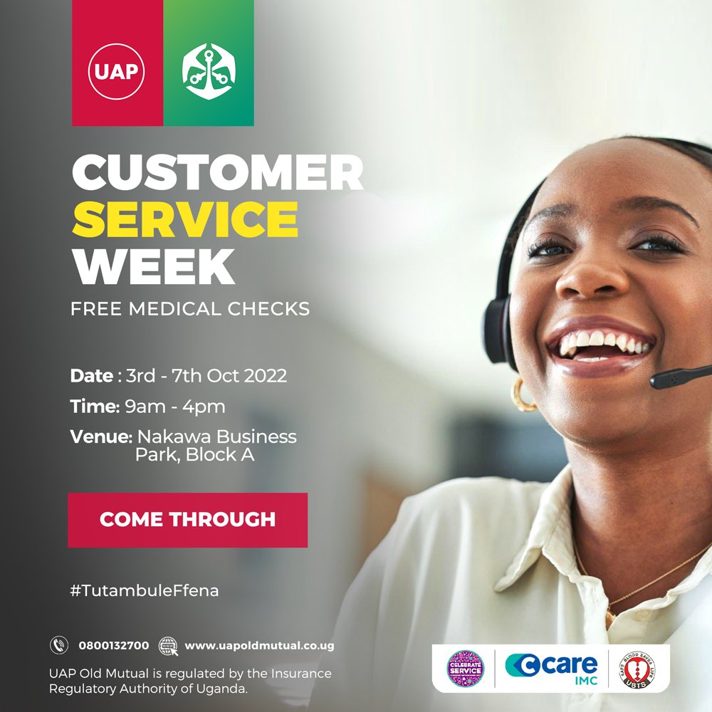 OldMutualUganda's tweet photo. We are open to the general public. Come get yourself checked out at no cost!
📍Nakawa Business Park, Block A
⏰: 9am-4pm

#CustomerServiceWeek2022
#TutambuleFfena https://t.co/N1PPPKHVjw