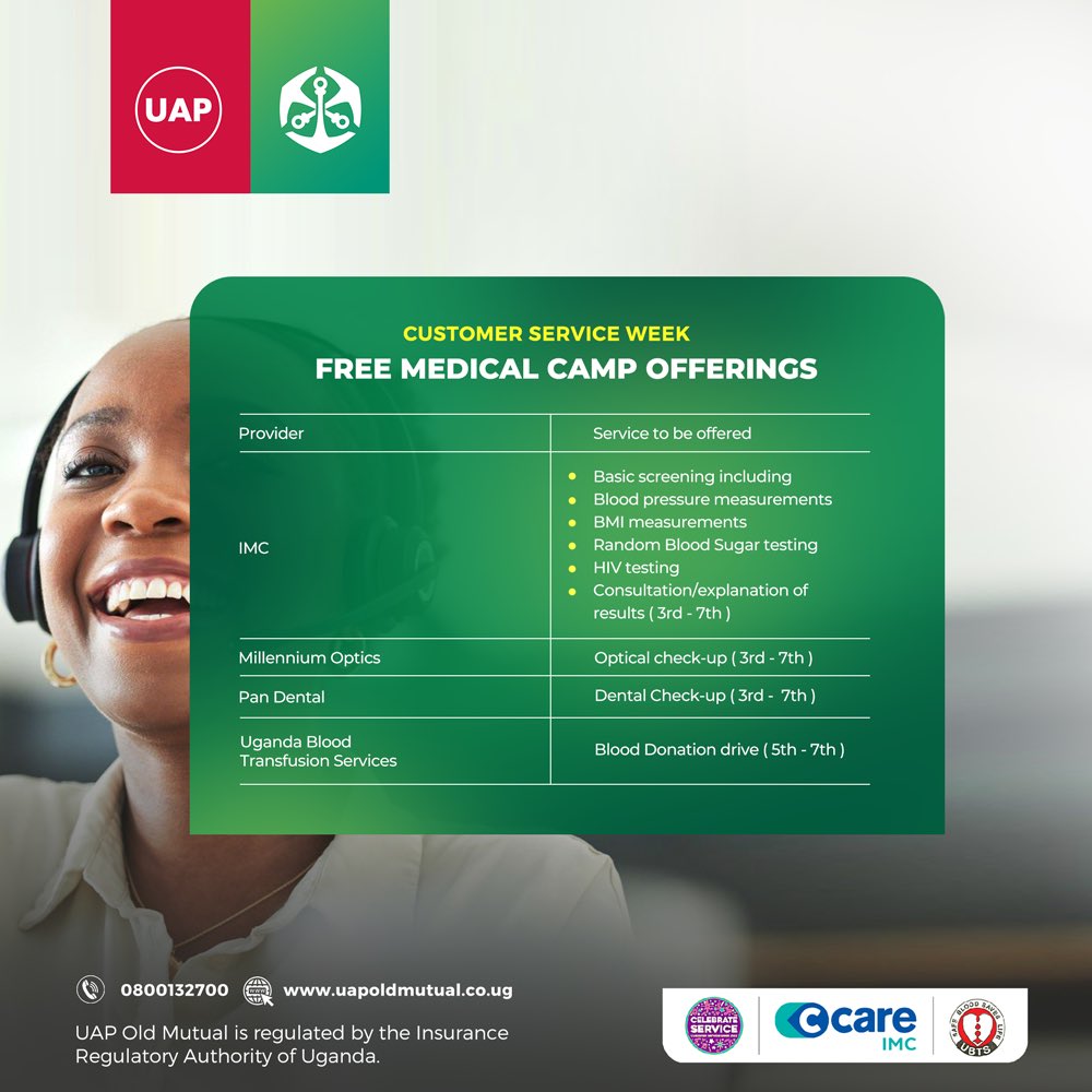 OldMutualUganda's tweet photo. We are open to the general public. Come get yourself checked out at no cost!
📍Nakawa Business Park, Block A
⏰: 9am-4pm

#CustomerServiceWeek2022
#TutambuleFfena https://t.co/N1PPPKHVjw