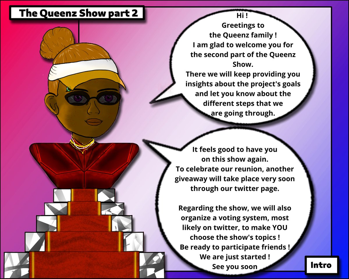 📢Introduction to #TheQueenzShow part 2📢
We are so excited to host this great event again...
But this time you'll do the show too!🤗

🚨 Incoming #NFTGiveway 🚨
Be sure to follow us on twitter to participate.

👸👸🏻👸🏼👸🏽👸🏾👸🏿
#QueenzProject
#NFT 
#NFTCommunity