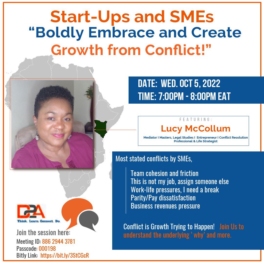 ❇️ *“Boldly Embrace and Create Growth from Conflict”*. October 5th at 7PM EAT.   @D2A <a href="/Dare2Connect/">Urja mehta</a> <a href="/SimplyDare/">Abdul Subhan Asif</a> <a href="/WorkingTogether/">Sunergos LLC</a> 

📌 Zoom Meeting ID: 886 2944 3781
Passcode: 000198
Bitly Link:  bit.ly/3StCGcR