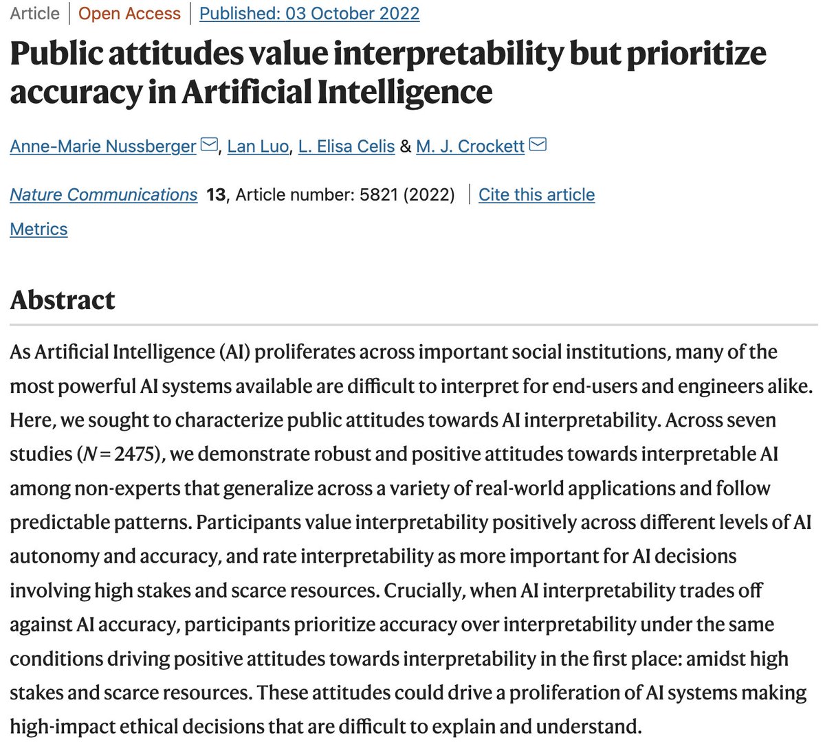 New paper out <a href="/NatureComms/">Nature Communications</a>: Public attitudes value interpretability but prioritize accuracy in Artificial Intelligence rdcu.be/cWOxJ w/ coauthors Lan Luo, <a href="/profelisacelis/">elisa celis</a> &amp; <a href="/mollycrockett/">M.J. Crockett</a> (1/12)