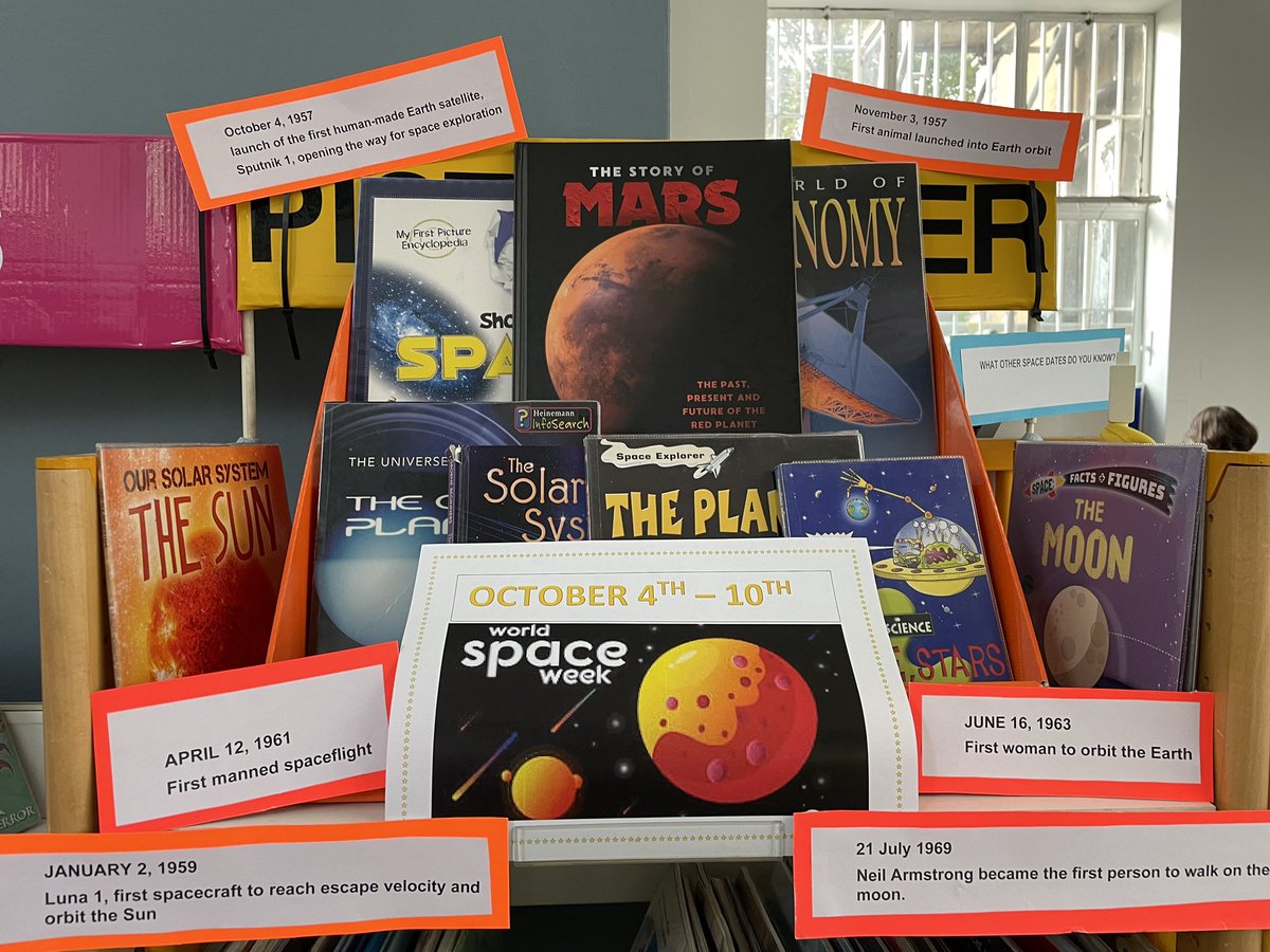 LibrarySE4's tweet photo. It’s #WorldSpaceWeek 🪐 so we’ve got together a fantastic display 🤗 & some info 🚀 This year’s world space week theme is “Space and Sustainability”🌿 @LewishamLibs #planets #space #SE4 #croftonparklibrary #SE4families https://t.co/CSd82tANkw