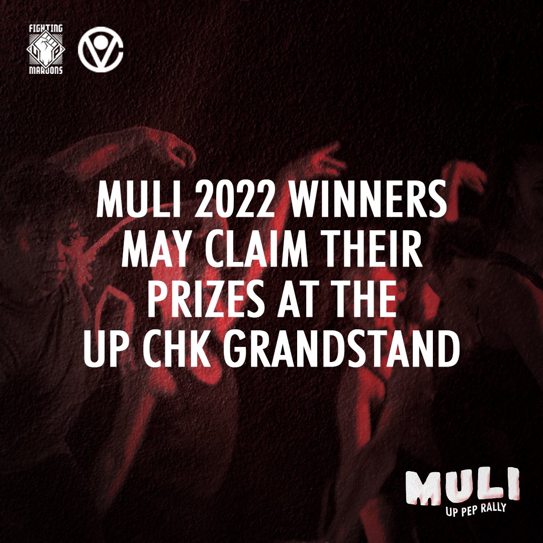 Congratulations once again to the winners from #Muli2022: The Up Pep Rally! ✊🏽

You may claim your prizes on weekdays from 10 AM to 4 PM at the UP CHK Grandstand.

For further inquiries, you may reach out to us on our Facebook page. 

#UPFight #UPFightingMaroons #UPPepRally2022