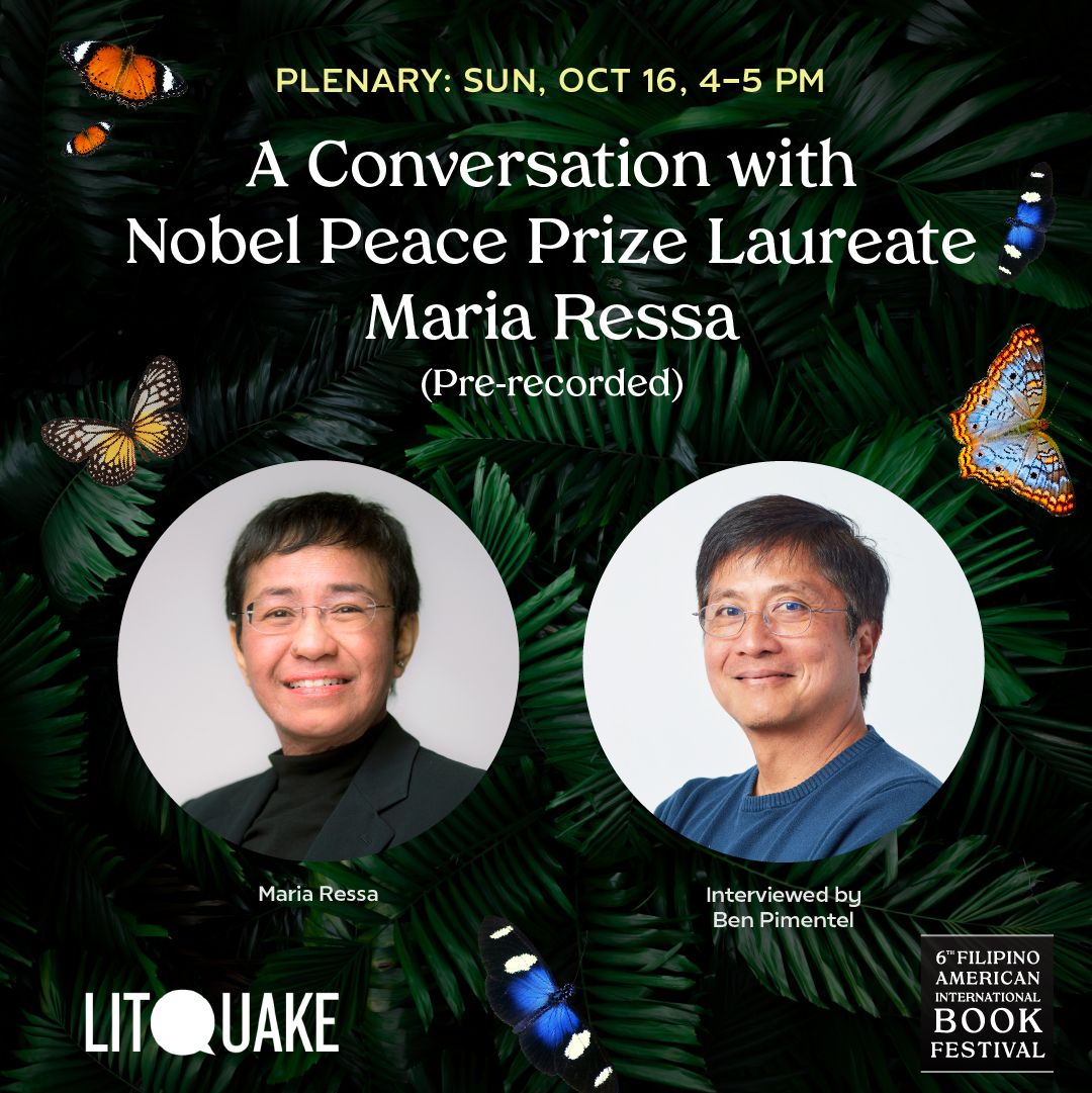 FilBookFestival's tweet photo. A Conversation With Nobel Peace Prize Laureate Maria Ressa
-
Sun, Oct 16, 4-5 pm
Koret Auditorium @SFPublicLibrary
-
Note: this is pre-recorded interview, not a live one. Submit a ? for Maria in the comments by 6 pm PST today, we'll chose a few to ask her.
#FilBookFest6 https://t.co/dRdgYGJslY