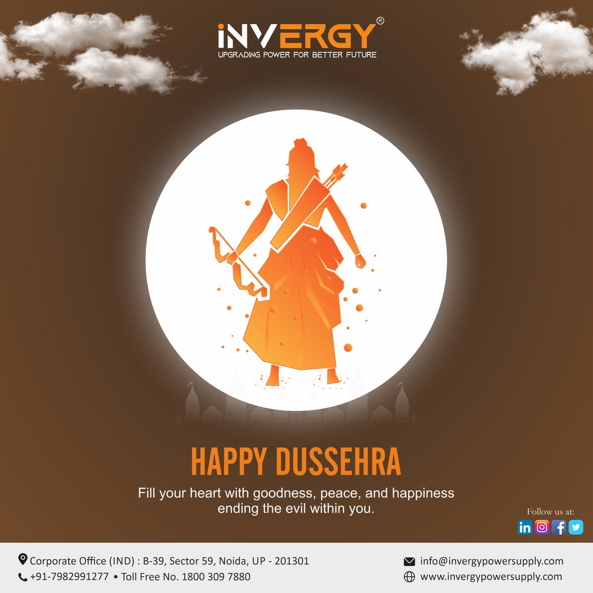 Invergylimited's tweet photo. Dussehra always motivates us to stand for the right and ends all the negativities within and around us with our positivity and strength. Warm greetings to you on Vijaya Dashami.
.
.
.
#invergy #upgradingpowerforabetterfuture #vijayadashami #happydussehra #navratri #festival https://t.co/HjkJ5CKOnD