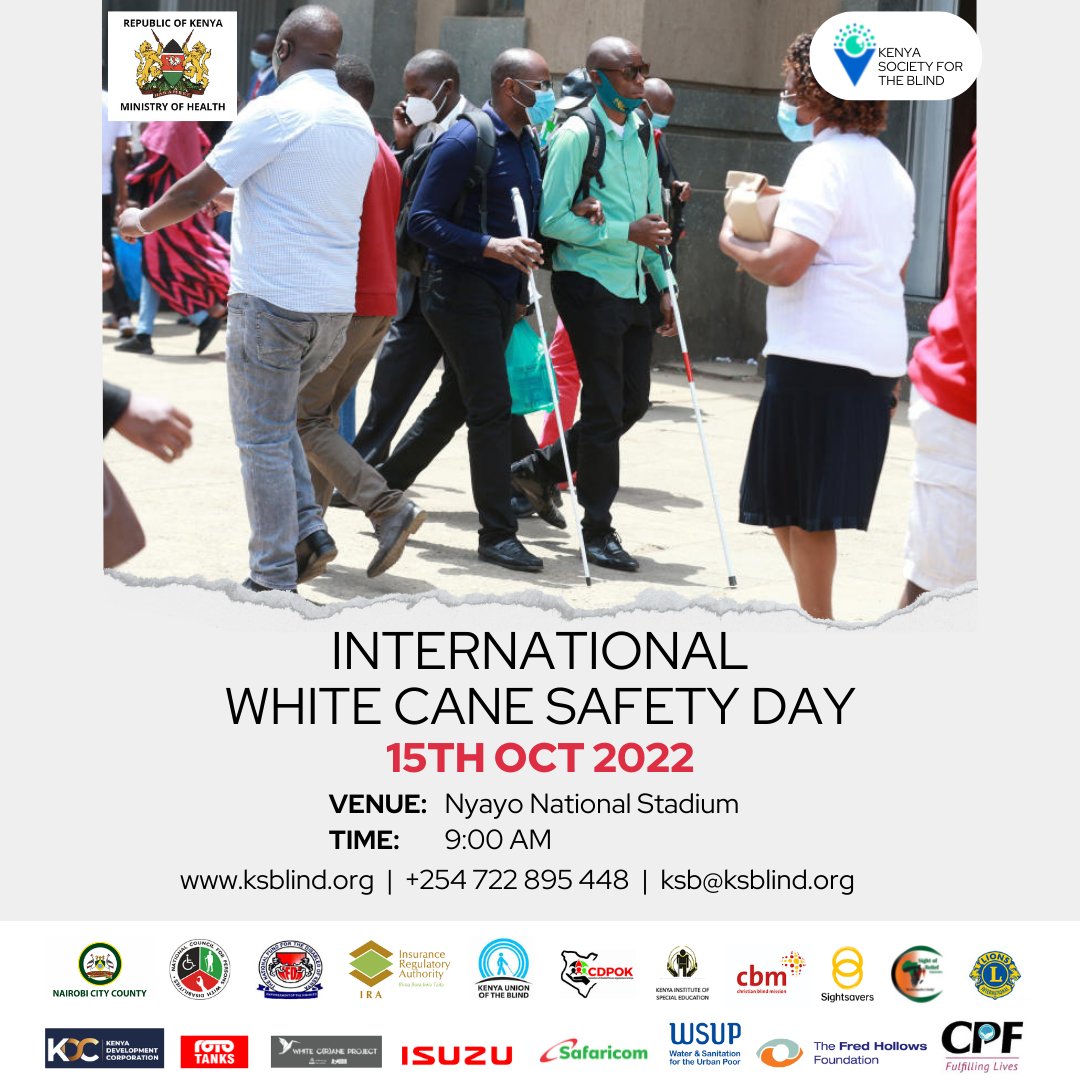 teamksblind's tweet photo. Join us as we commemorate the #InternationalWhitecaneDay on 15th of October 2022 with a walk from the Nyayo National Stadium to the Kenya Society for the Blind offices at Barclay House, Mai Mahiu Rd from 9:00AM.
#blindwalk #whitecanesafety #pwvi https://t.co/bcN4FHPCfb