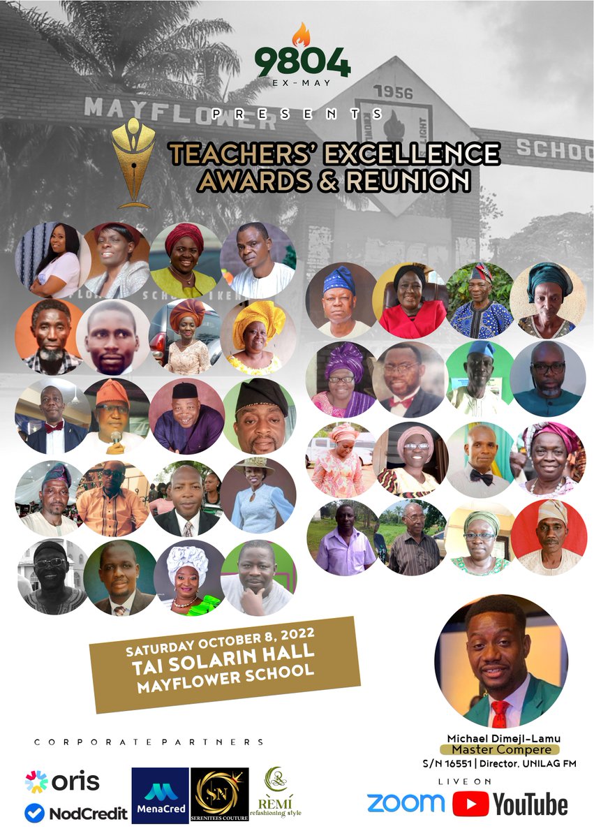 The 1998/2004 Class of the prestigious Mayflower School will be celebrating &amp; awarding 40 teachers that impacted them on Saturday, 8th Oct at the Tai Solarin Hall.
World Teachers Day.
<a href="/jimidisu/">Jimi Disu</a> <a href="/Chude/">Chude Jideonwo</a> <a href="/ExMays9804/">ExMays9804</a> <a href="/Omojuwa/">JJ. Omojuwa</a> <a href="/NigeriainfoFM/">Nigeria Info FM 99.3</a> <a href="/channelstv/">Channels Television</a> <a href="/seunonigbinde/">Olúṣeun Onìgbìndé</a>