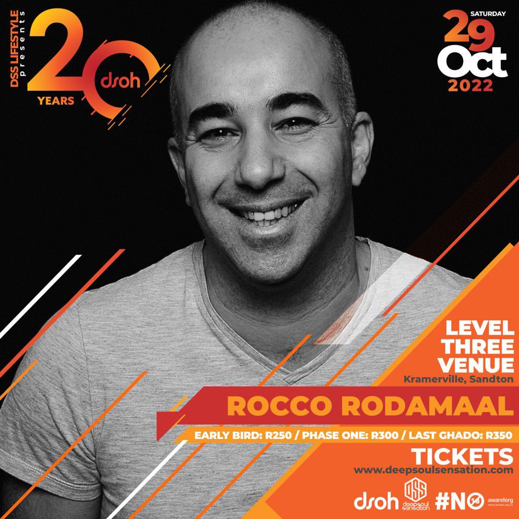 RT @dsslifestyle: #20yearsDSOH feat @ROCCORODAMAAL . His contributed to @DeeperShades guestmixes #108 #429 #511 #784 🗓29 October ‘22 📍LevelThree Venue Kramerville Get Your Tickets Here 👇🏾 bit.ly/20yearsofdsoh #dssSummer #deepsoulsensation #…