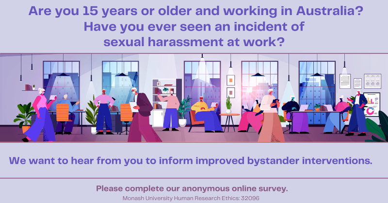 Kate_FitzGibbon's tweet photo. Have you ever seen sexual harassment in your workplace? What did you do?

Please complete our online survey to inform new bystander &amp; early intervention strategies across Australian workplaces. The survey is anonymous https://t.co/2BJr6SVxk8