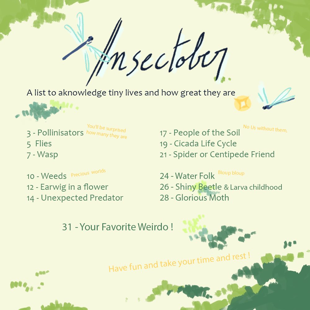 Louise_auxCimes's tweet photo. Here is a list I made for myself to inform about insects and their wonders ✨ Feel free to use it ! #insectober #inktober #insects https://t.co/1BVt0S25lx