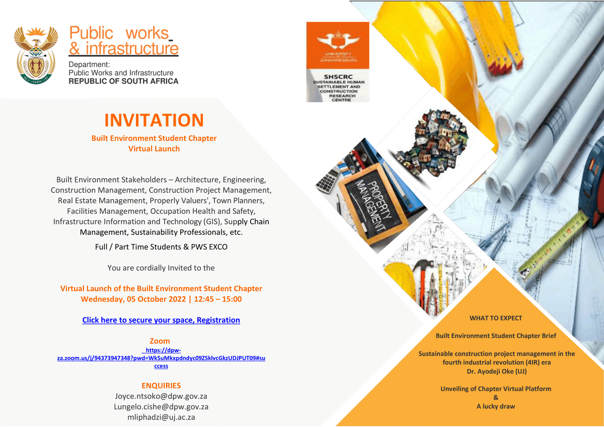 shscrc_UJ's tweet photo. The Director, Prof. Clinton Aigbavboa of the @shscrc_UJ cordially invites all stakeholders in the #Built_Environment to the Virtual Launch of the Built Environment Student Chapter. 

#sustainable #infrastructure #builtenvironment #fourthindustrialrevolution https://t.co/Gf524i7Mu1