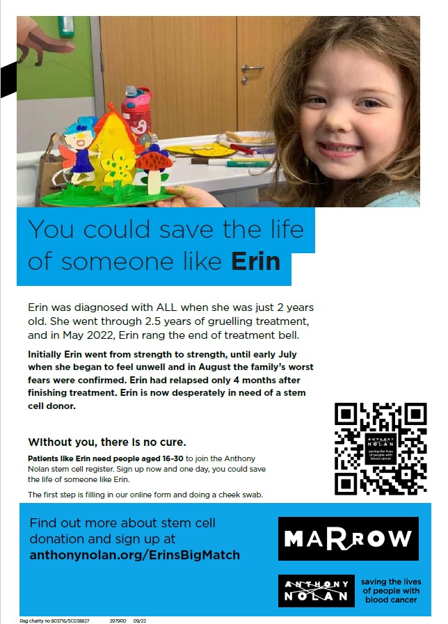 DDU_Dundee's tweet photo. @LothianChildren So far, we’ve been unable to find a suitable donor. Can you help Erin? We’re appealing for as many potential #BoneMarrowDonors as possible to register either with @AnthonyNolan or @DKMS to try to find a match. https://t.co/pGtPR51tkP