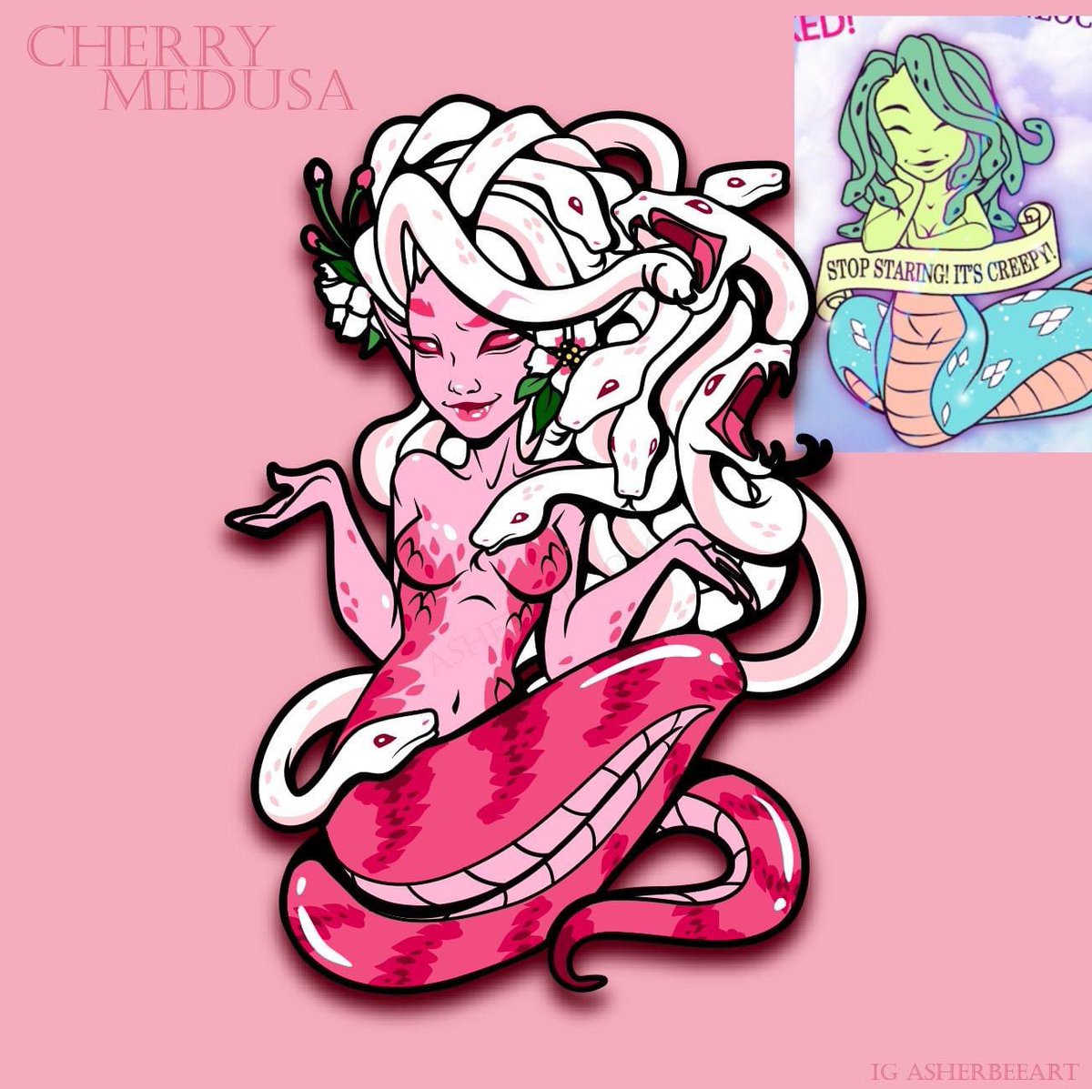 asher_bee's tweet photo. My first Medusa pin in 2018...vs today's "Stop Staring, It's Creepy" version... It feels good to grow. ❤

#medusa #medusaart #pinkvenomchallenge #pinkvenom #cherryblossom  #digitalart #vectorart #thenvsnowchallenge #mysticalart #monsters #monsterart #monsterpinup #monstergirl https://t.co/LTFCUovJGn