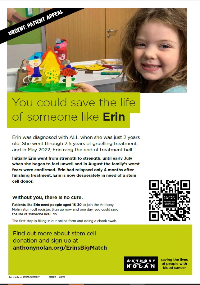 DDU_Dundee's tweet photo. Catrina Kerr is a Medicinal Chemist with @DDU_Dundee. Her four-year-old daughter Erin is in @LothianChildren battling #Leukaemia. 
Erin completed her treatment in June, but her cancer has returned. She now urgently needs a #BoneMarrowTransplant to save her life. https://t.co/ypH0GVn42S