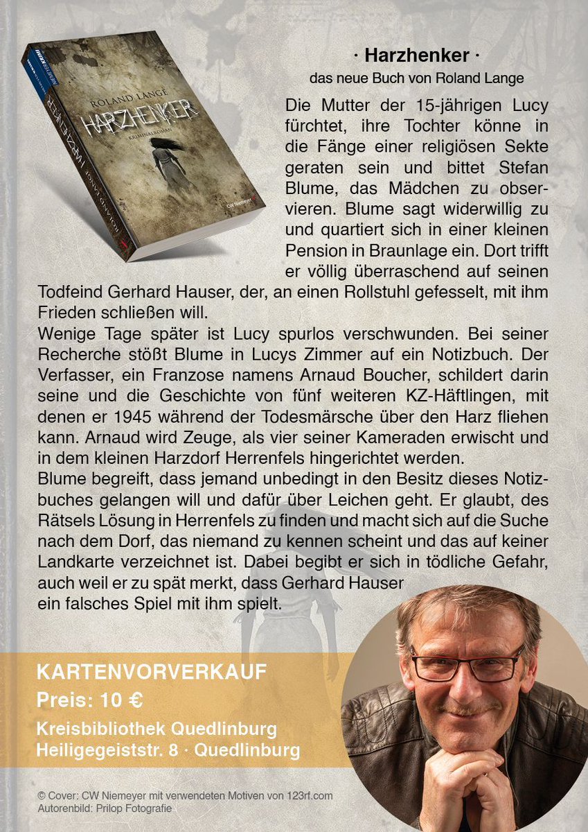 Krimiautor Roland Lange liest am Montag, 10. Oktober, 19 Uhr aus seinem neuen Roman "Harzhenker" in der Aula der #KVHS Harz in #Quedlinburg. 

Tickets in der Kreisbibliothek Harz erhältlich.