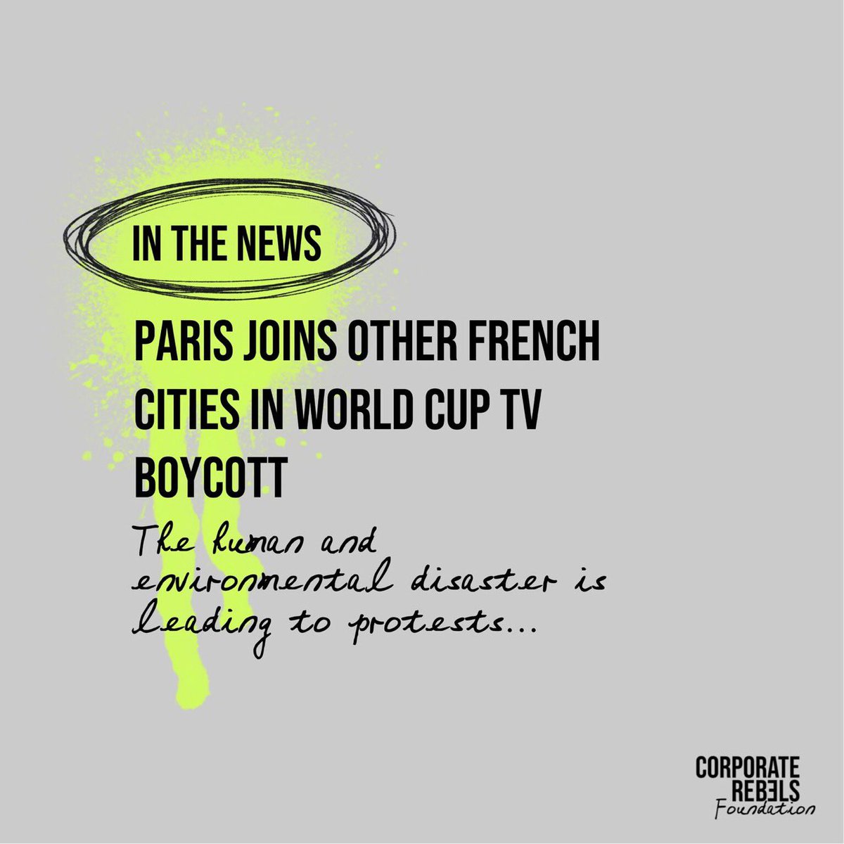 _CR_Foundation's tweet photo. 📢 Paris has joined several French cities in announcing they will not show World Cup matches in public places or set up “fan zones” in protest at human rights and environmental abuses in the host nation, Qatar. 

@guardian @guardiannews 

#FIFAWorldCup #BoycottQatar2022 #FIFA https://t.co/pCWN8iz7c5