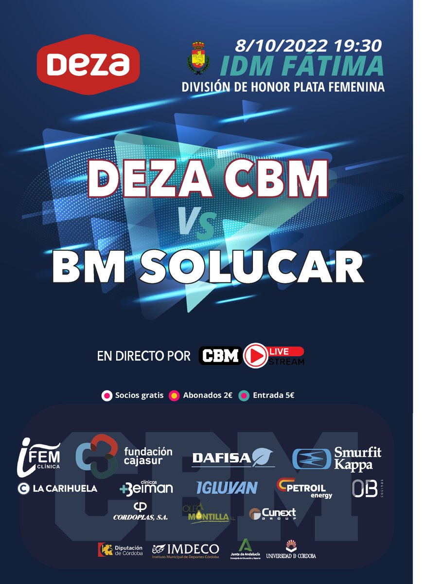El sábado (19:30) tenemos partido muy importante para el Deza CBM, que recibe en Fátima a un rival directo como es el BM Solucar. Te esperamos porque son dos puntos muy importantes en juego

✅ Socios: Gratis
✅ Abonados: 2 €
✅ Público general: 5 €

#GuerrerasGranates