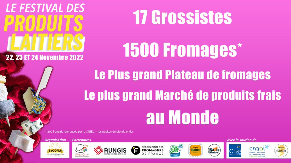 Quand les grossistes organisent la rencontre entre les producteurs et les détaillants c'est LE #festivaldesproduitslaitiersrungis.

22 - 23 et 24 Novembre 2022

@sycoplarungis
laradiodumarche.fr/2022/09/25/le-…