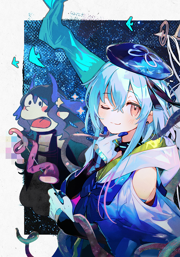 one eye closed blue hair hat infection monitor (arknights) blue headwear gloves 1boy  illustration images