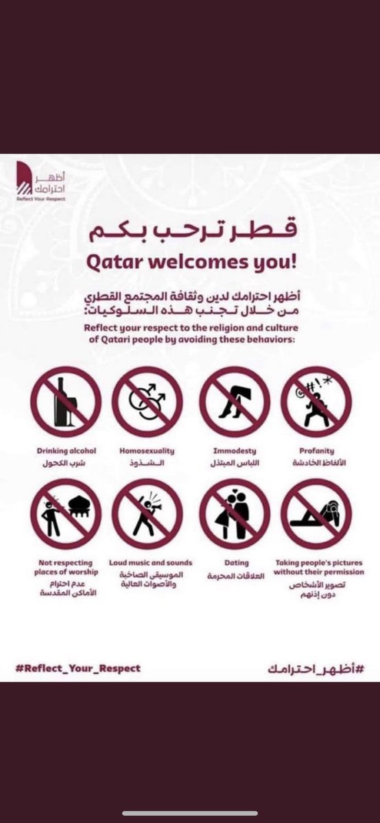 SFoerby's tweet photo. Qatarere deler nu en plakat med Qatars regler i håbet om, at Vestens fans vil overholde dem, når de kommer til VM i Qatar. 

Uden videre gør de opmærksom på, at homoseksualitet er bandlyst. En lille tråd🧵 https://t.co/QytOoh7D6Y