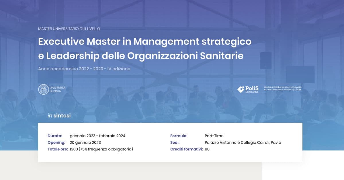 L'Executive Master in Management e Leadership delle Organizzazioni Sanitarie EMMLOS (che supportiamo nel ruolo di partner tecnico) è arrivato alla sua IV edizione; alla pagina ufficiale trovate il bando per l'iscrizione (fino al 30/11) e tante altre info! emmlos.it