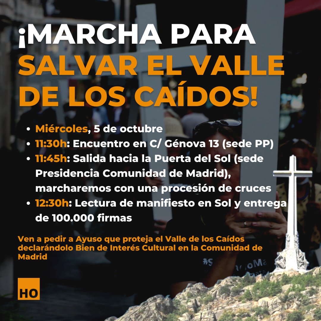 Aunque algunos intenten silenciarnos, hoy 5 de octubre marcharemos con cruces por las calles de Madrid, desde la sede del PP hasta Sol, para gritar #AyusoSalvaElValle, y entregar las cerca de 100.000 firmas, en la fecha límite para declararlo BIC y evitar su destrucción. ¡Únete!