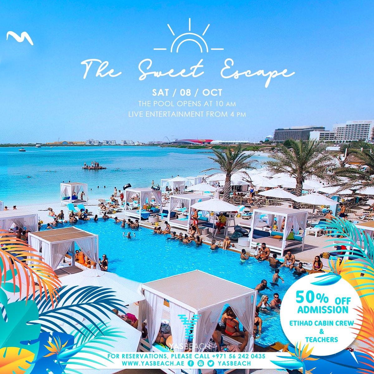 Spend the weekend #poolside 💦
Get your friends together to enjoy happy vibes and good times at #YasBeach!

Music by DJ Jay

50% Off Admission for #Etihad Cabin Crew &amp; #Teachers

For reservations, please call +971 56 2420435 

Age 21+ • Valid ID • Door policy applies