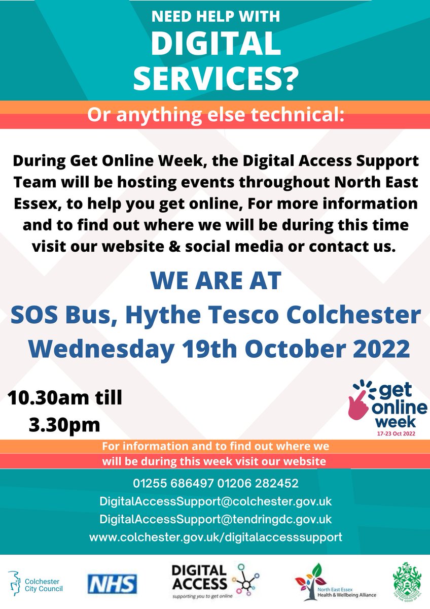 CanDo_Together's tweet photo. The October roadshow will focus on #getonlineweek with @DigitalAccessNE there to offer help and advice to members of the public. 

The next roadshow takes place on Wed 19 Oct at Hythe Tesco in #Colchester. Look out for the #SOSBUS.

#EssexJobs #colchesterbusiness #careeradvice https://t.co/8zqdPnjtwq
