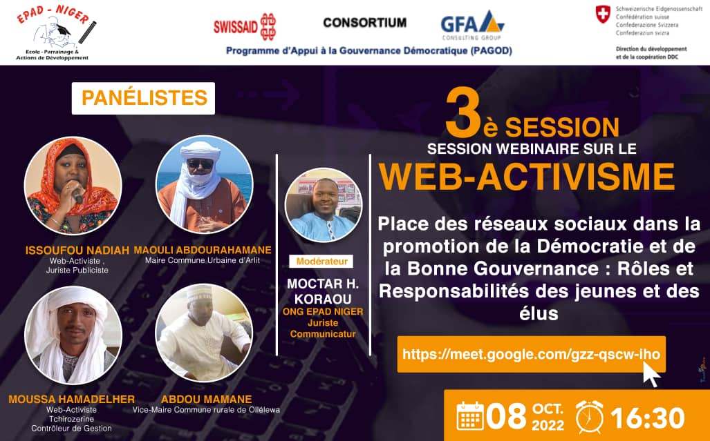 NigerPagod's tweet photo. Participez massivement au webinaire sur le #web_activisme.
🗓️Ce samedi 08 octobre 2022 à 🕟16h30 GMT+1.
👉Lien Meet: https://t.co/YvlUozWZ9p https://t.co/YVJGDipyoP