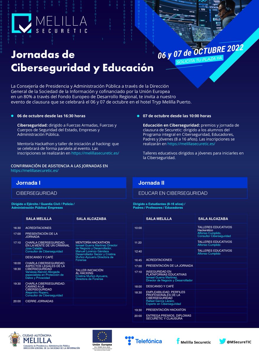 MSecureTIC's tweet photo. Mañana día 06 comienzan las Jornadas de Ciberseguridad y Educación.
Consulta las ponencias que te puedan interesar o apúntate al taller de Hacking o al Hackaton en https://t.co/VP8cxmel47 https://t.co/rz3Xhg1rs7