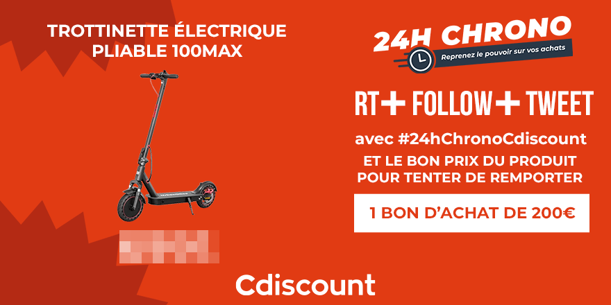 Cdiscount's tweet photo. #Concours
2 bons d'achat de 200€ à remporter 🎁

Cette trottinette électrique sera en promo demain : saurez-vous trouver son prix exact ?
👉 https://t.co/4iPnzUPpXc

✅ RT + FOLLOW + TWEET avec #24hChronoCdiscount + le bon prix

TAS demain à partir de 9h00 🙌 https://t.co/7G5cvzMMZ2