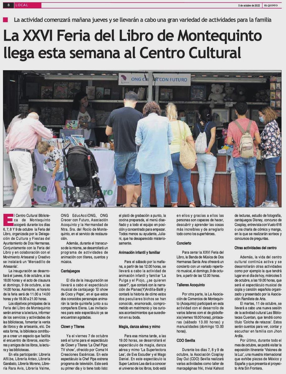 BibMontequinto's tweet photo. 📰 El Periódico El Quinto se hace eco del programa de actividades para los próximos días en #BibliotecaMontequinto #DosHermanas, especialmente de la Feria del Libro que comienza el jueves 6 de octubre de 2022. 
➡️ https://t.co/hH9pb8Omby
🌐 BiblioWEBteca: https://t.co/kgluT71a3S https://t.co/9zC9EwbRmo