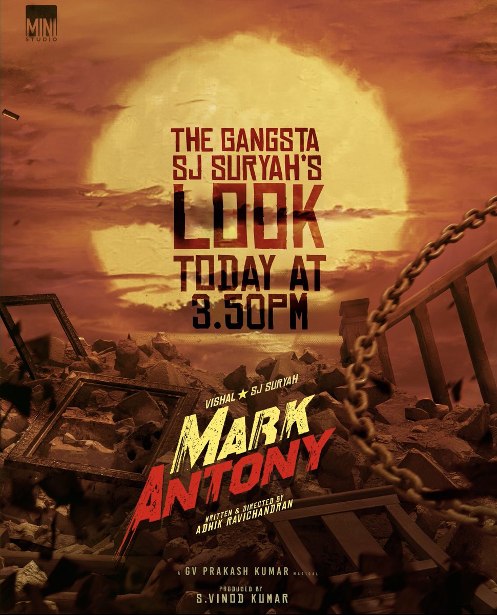 Adhik Ravichandran (@adhikravi) on Twitter photo Excited for this one.. <a href="/iam_SJSuryah/">S J Suryah</a> sirs first look at 3:50PM #Markantony 💣🔥💥 <a href="/VishalKOfficial/">Vishal</a> <a href="/vinod_offl/">Vinod Kumar</a> <a href="/gvprakash/">G.V.Prakash Kumar</a> <a href="/riturv/">Ritu Varma</a> #SunilVarma <a href="/AbinandhanR/">Abinandhan Ramanujam</a> <a href="/editorvijay/">Vijay Velukutty</a> <a href="/RVijaimurugan/">RK.VijaiMurugan</a> <a href="/dhilipaction/">Dhilip Subbarayan</a> <a href="/NjSatz/">Sathya NJ</a> Excited for this one.. <a href="/iam_SJSuryah/">S J Suryah</a> sirs first look at 3:50PM #Markantony 💣🔥💥 <a href="/VishalKOfficial/">Vishal</a> <a href="/vinod_offl/">Vinod Kumar</a> <a href="/gvprakash/">G.V.Prakash Kumar</a> <a href="/riturv/">Ritu Varma</a> #SunilVarma <a href="/AbinandhanR/">Abinandhan Ramanujam</a> <a href="/editorvijay/">Vijay Velukutty</a> <a href="/RVijaimurugan/">RK.VijaiMurugan</a> <a href="/dhilipaction/">Dhilip Subbarayan</a> <a href="/NjSatz/">Sathya NJ</a>