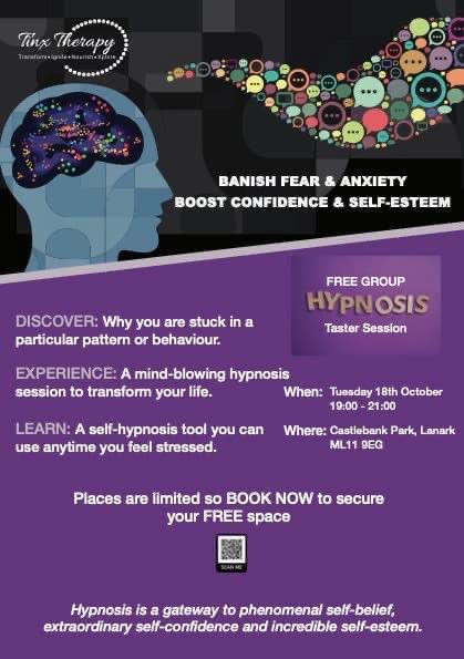 TinxTherapy's tweet photo. I’m running a FREE Group Hypnosis session to help banish anxiety &amp; fear, and boost confidence and self-esteem.
If you’ve always wondered about the power of hypnosis this is your chance to try it out.
https://t.co/rCCHMe8Vbj

#hypnosis #anxiety #fear #selfesteem #mentalhealth https://t.co/MwN07eSOaA