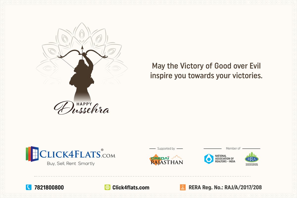 Click4Flats's tweet image. Dasha Hara word means removal of ten bad qualities within you*
Ahankara, Amanavta, Anyaaya, Kama vasana, Krodha, Lobha, Mada, Matsara, Moha, Swartha, 
Hence, 'Vijaydashami' signifying ”Vijaya” over these ten bad qualities.
Click4flats.com wishes all a very Happy Dussehra.