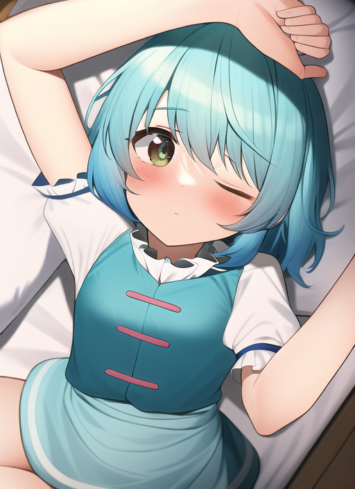 tatara kogasa 1girl solo one eye closed blue hair blue vest short sleeves closed mouth  illustration images