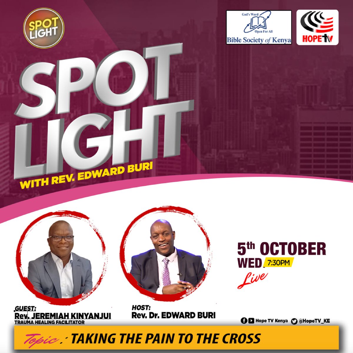 HopeTV_KE's tweet photo. Make a date with us this evening for the #SpotLightProgram LIVE at @hopetvKenya from 7:30 PM as we discuss matters trauma healing.
Our topic: Taking the pain to the cross.
Guest: Rev. Jeremiah Kinyanjui-Trauma healing facilitator.
Host: Rev. Dr. @edward_buri https://t.co/VZhCa3BSOv