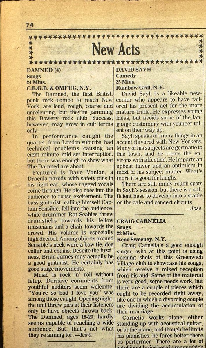 13 April 1977. US showbiz trade paper Variety sees @thedamned at New York’s CBGB’s. 'The Damned hardly seem capable of reaching a wide audience.” More on the New York adventure in my @OmnibusPress book Smashing It Up: A Decade Of Chaos With The Damned: omnibuspress.com/products/smash…