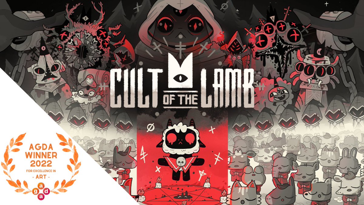 The_AGDAs's tweet photo. The winner for Excellence in Art is Cult of the Lamb. 
Congratulations to @MassiveMonsters 

#AGDAsRedCarpet #AGDAs22 https://t.co/uMGR5WA0eT