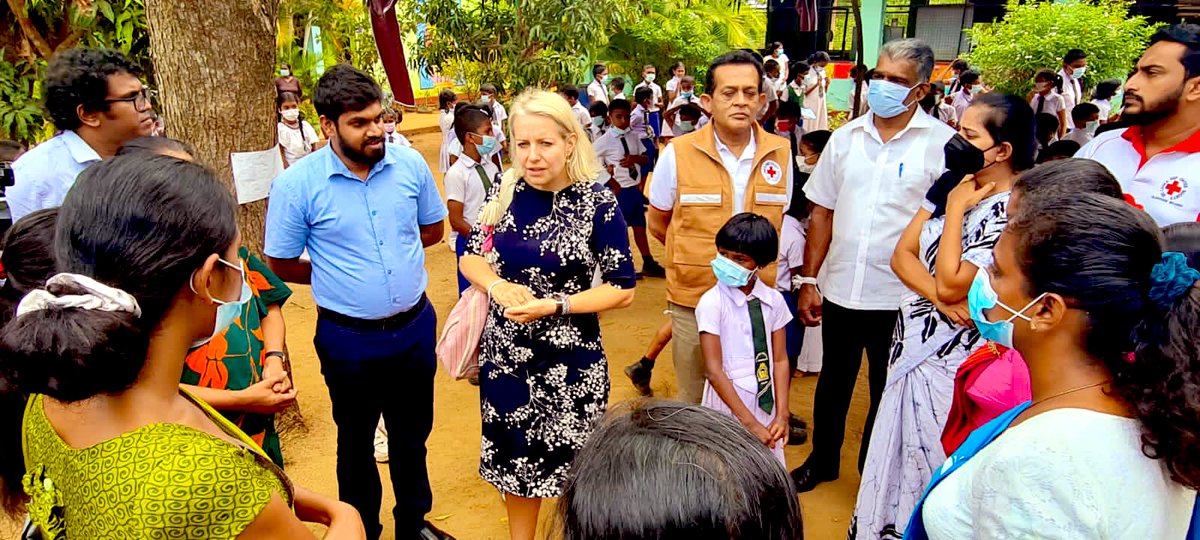 PresidentSLRCS's tweet photo. With the current economic crisis @SLRedCross has taken steps to provide relief packs to school children in rural areas. I was fortunate enough to take @SarahHultonFCDO to witness our work in Thalawa, A’Pura today. We have a lot more work to do. #lka #SLinRecovery https://t.co/nCdffKFu8u