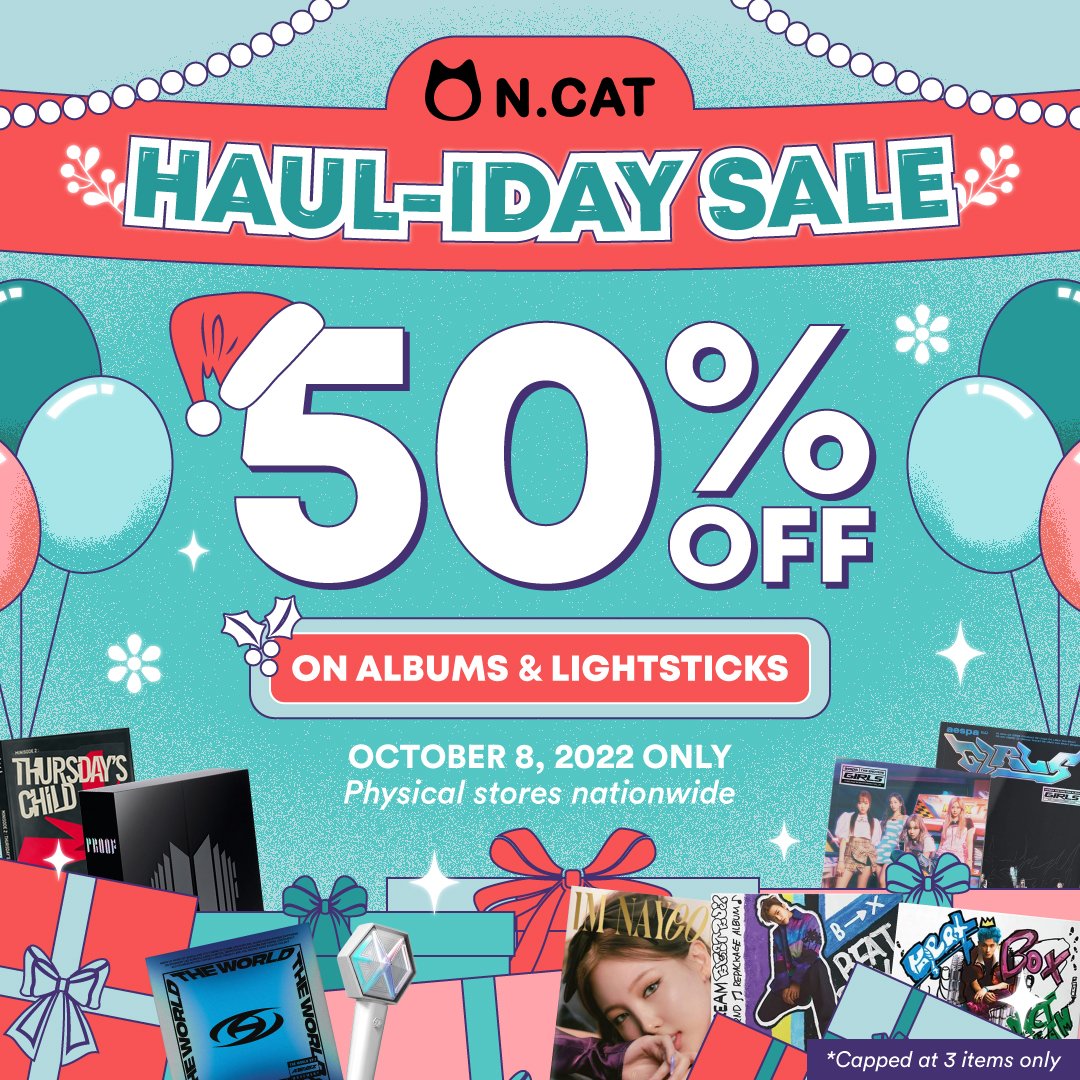 ncatphilippines's tweet photo. ’Tis the season for HUGE DISCOUNTS &amp; EVEN BIGGER HAULS! 🎊 Shop ALBUMS + LIGHTSTICKS at 50% OFF ALL DAY on Oct. 8 at all NCAT physical stores nationwide 🌟

📌 For a list of items included in the sale, see: https://t.co/VyMsyXRFNp

Tag us in your hauls: #MyNCATHAULiday 🎁✨ https://t.co/8VmJVs50xS