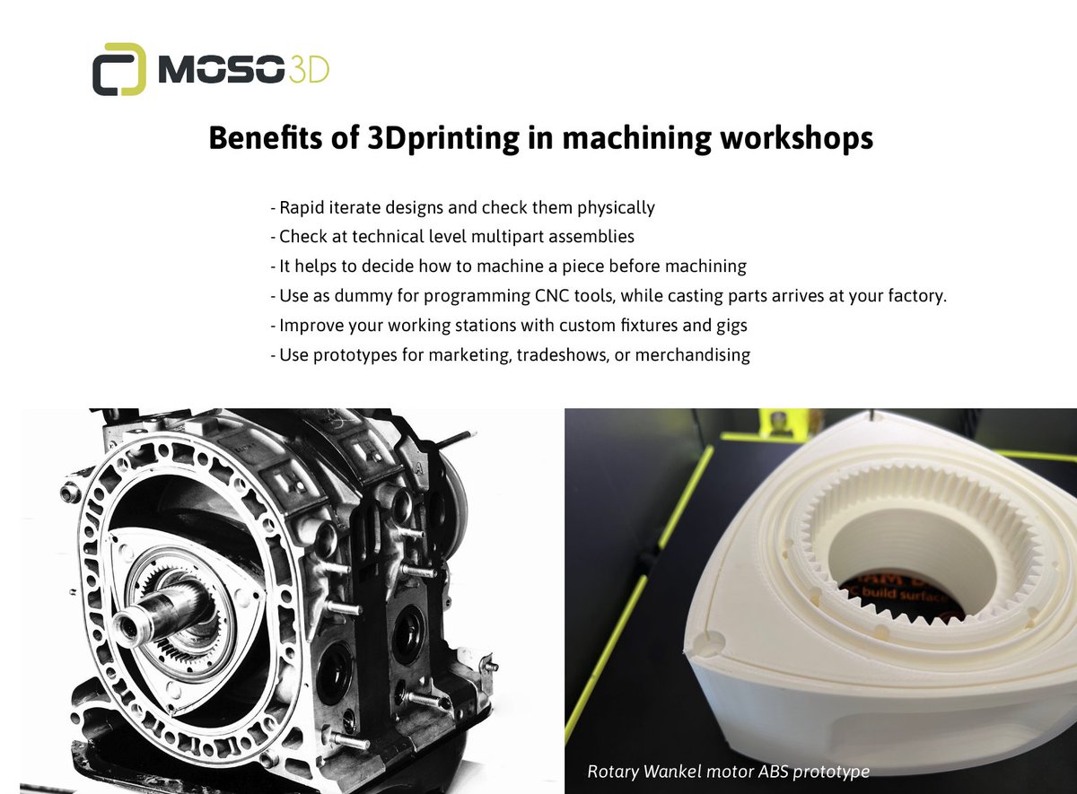 Moso3D's tweet photo. We printed a real size prototype of the rotor and crown gear of a rotary Wankel motor, using our MOSO MT 3d printer.

Prototyping your designs offers a lot of benefits to your company. If you have a multi tool printer like MOSO MT, you will add some capabilities to your workshop https://t.co/xq5Ug4piHh