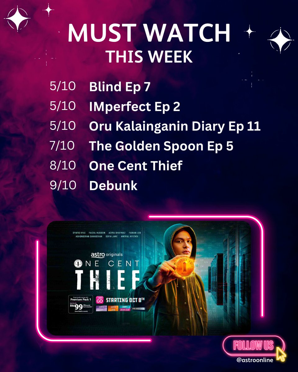 astroonline's tweet photo. Dah tiba masa untuk #JomSembangKopi. 
Apa #watchlist korang?

Follow lah Min punya watchlist untuk minggu ni.😎✌🏾

#NewOnAstro #NewDramas #OneCentThief #TheGoldenSpoon #DramaIMperfect #Blind #Debunk #PremiumPacks #6MonthsDiscount #promo https://t.co/yoBwP8rmYg