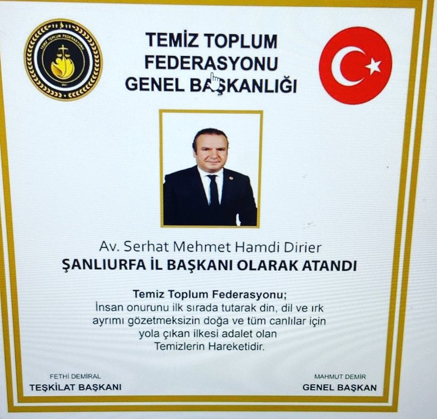abdullahbeyztas's tweet photo. Temiz Toplum Federasyonu Şanlıurfa il Başkanlığına  atanan  Av. Serhat Mehmet Hamdi Dirier 'i tebrik eder başarılar dilerim. 

@AvDirier https://t.co/PeX8kAaLMl
