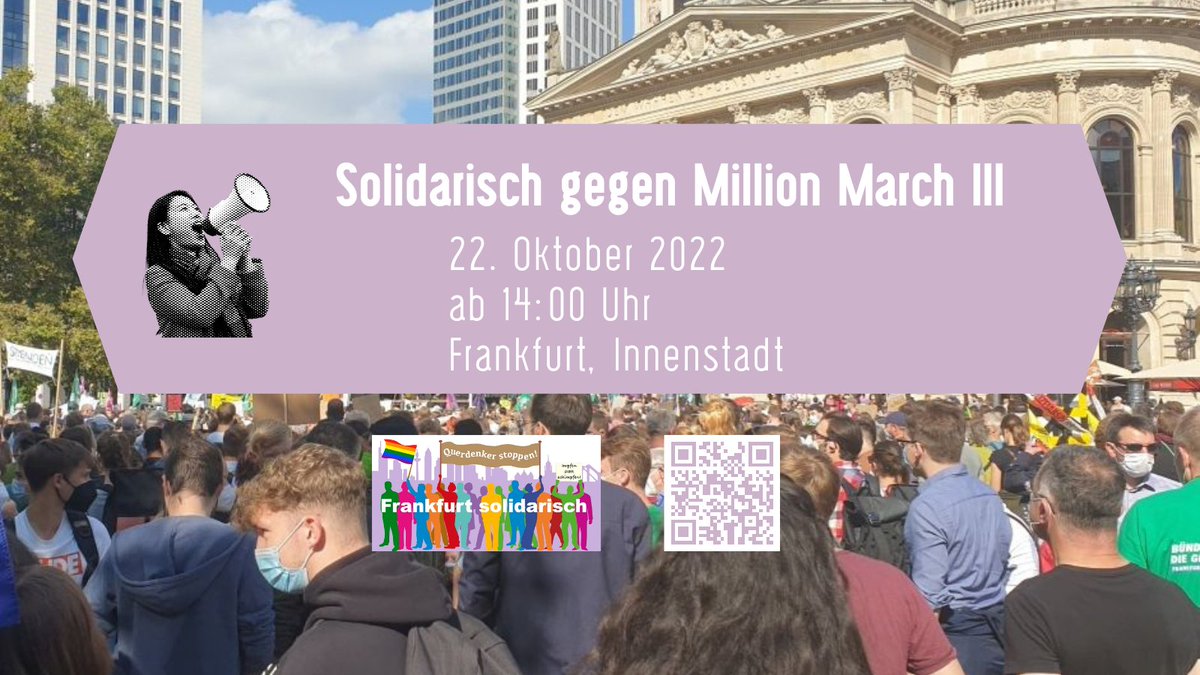 Am 22.10. ist in Frankfurt unter dem Titel "Million March III" ein erneuter überregionaler Aufmarsch von Anhänger*innen aus dem Querdenken-Spektrums geplant. In der Vergangenheit haben sich bei ähnlichen Anlässen europaweit viele antidemokratische Kräfte beteiligt. #ffm2210