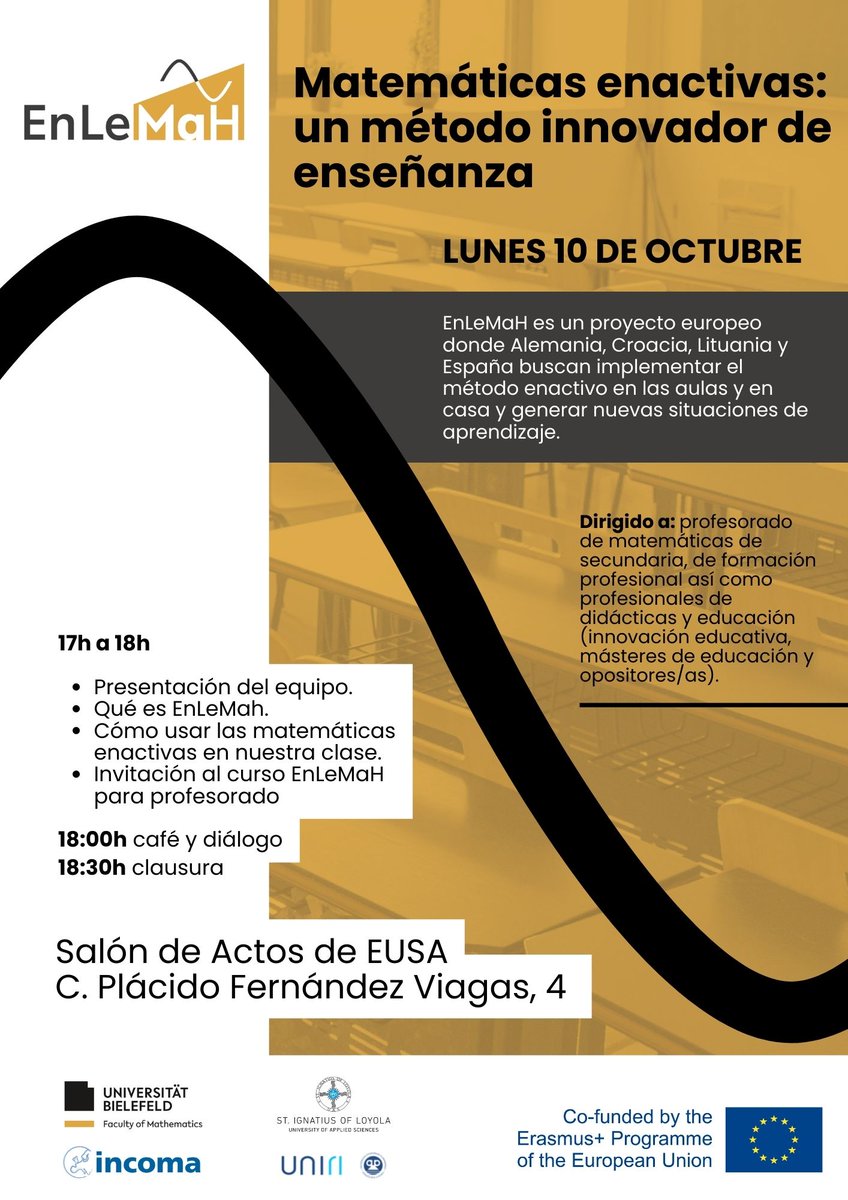 🧮Te invitamos al evento #Matemáticas #enactivas: un método innovador de #enseñanza. Será el próximo 10 de octubre a las 17h, en el salón de actos de EUSA, Viapol (Sevilla). Forma parte del proyecto europeo #EnLeMaH. 
📝 Inscripciones: forms.gle/RLQVHruJkhG5GX…